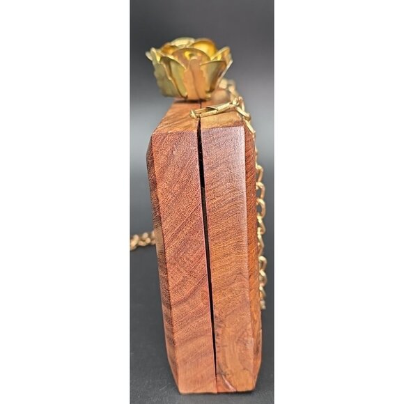 Handcrafted Wooden Clutch Bag Purse Natural Wood Gold Tone Cross Body Floral - Picture 4 of 13